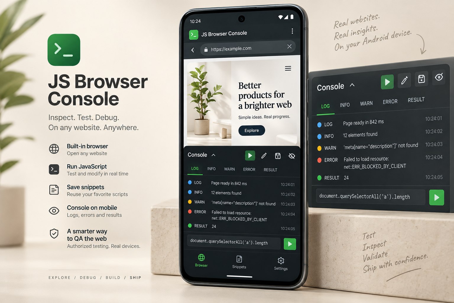 نمای اپلیکیشن اندروید JS Browser Console برای مشاهده کنسول سایت و اجرای جاوا اسکریپت